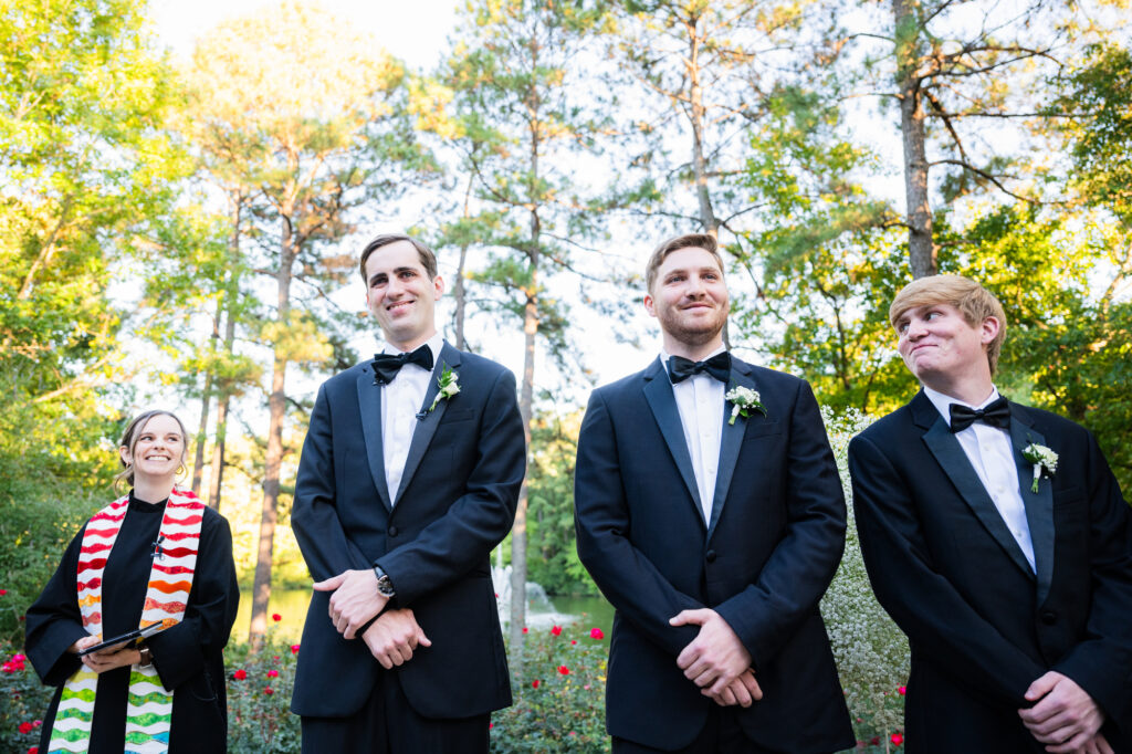 groom and groomsmen waiting for the bride in a wedding ceremony
